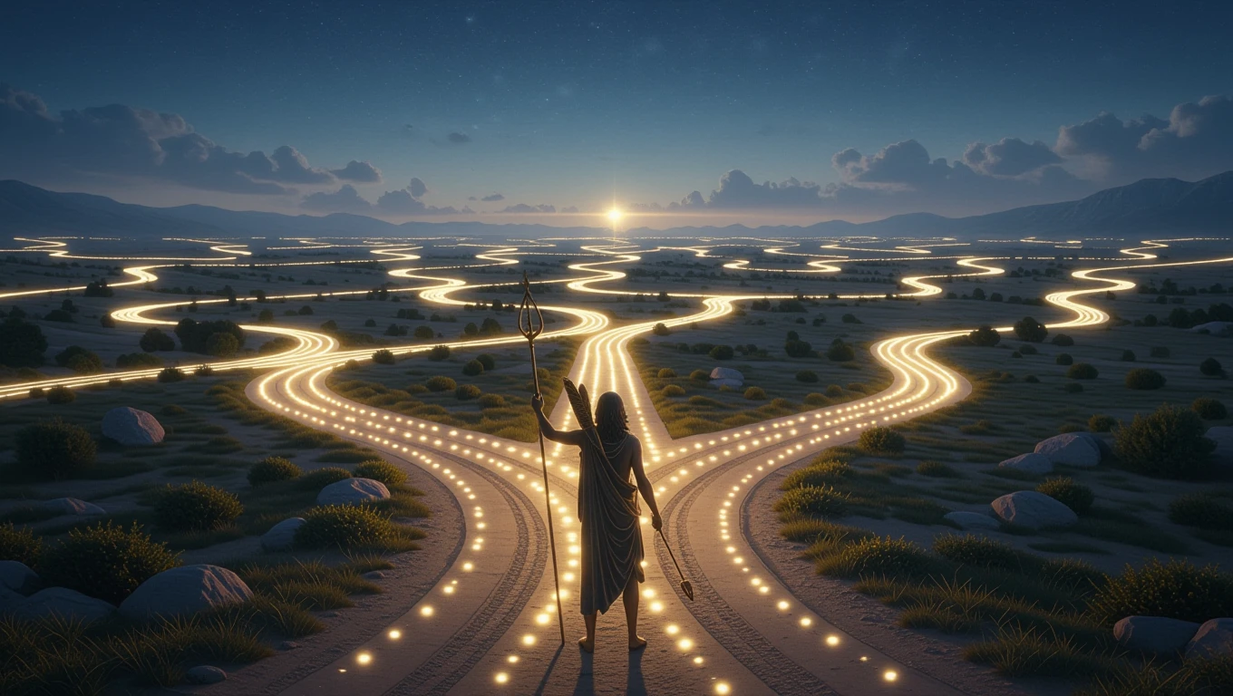 Hermész alakja egy kanyargós úton áll, fénysorokkal körülvéve.