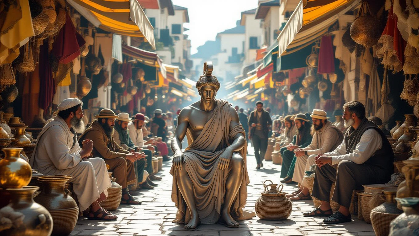 Hermész szobra egy forgalmas ókori piacon, emberek körülötte.