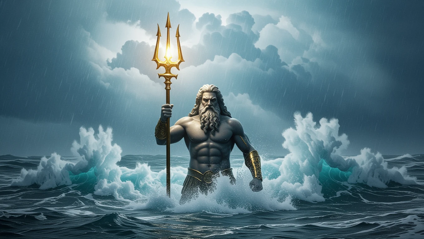 Poszeidón, a tenger istene, tridenttel a kezében áll a hullámok között.