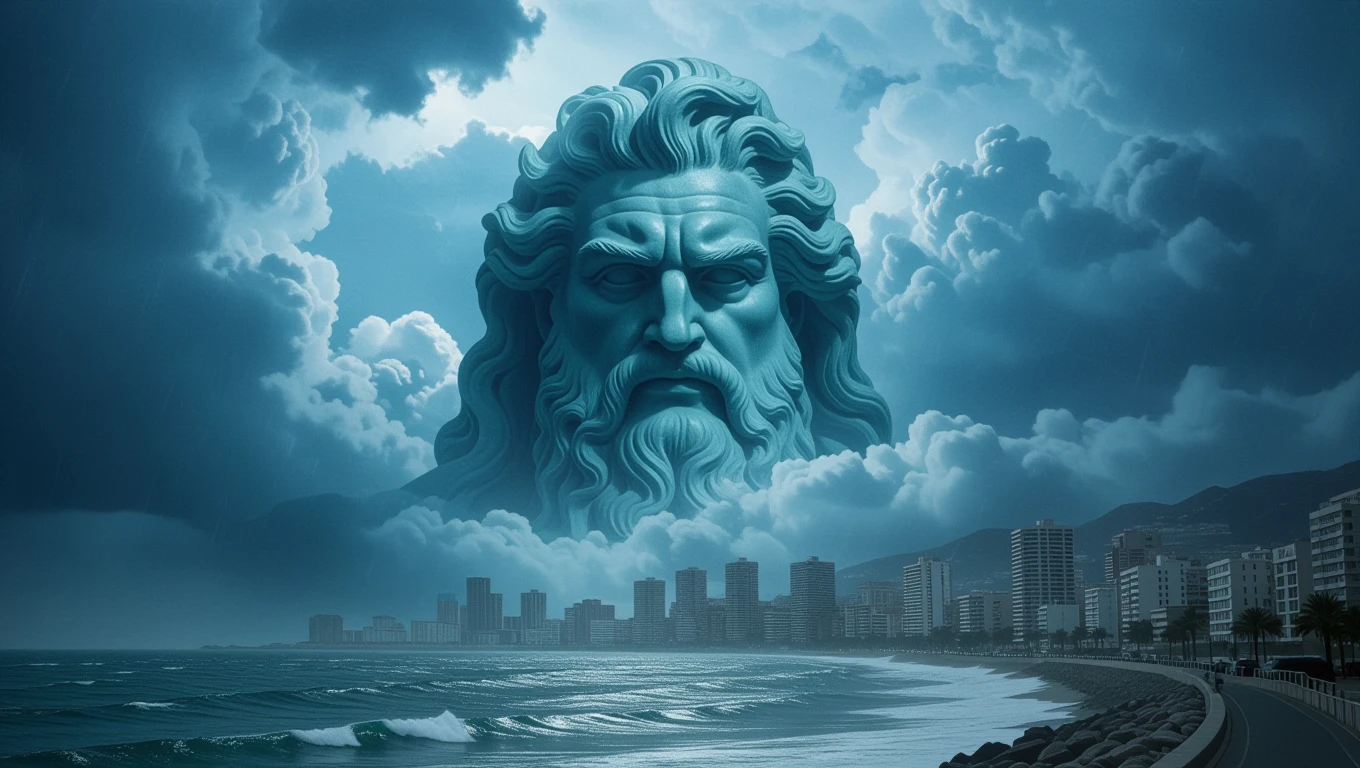 Poszeidón hatalmas arca a felhők között, a tengerparti város felett.