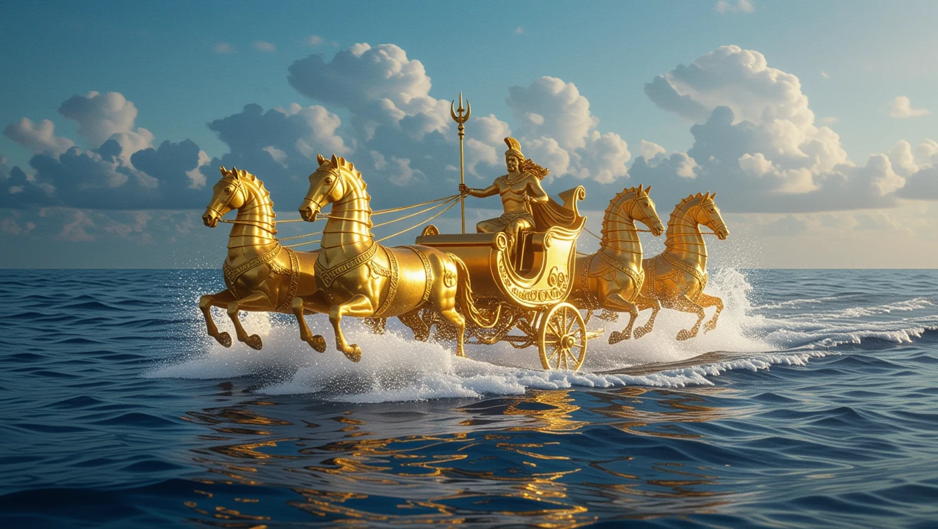 Poszeidón arany szekere, négy arany lóval, a tengeren haladva.