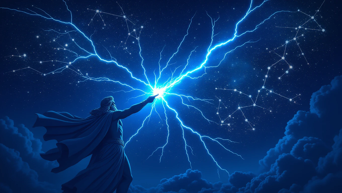 Zeusz, a görög mitológia főistene, villámot tart a kezében, háttérben csillagokkal.