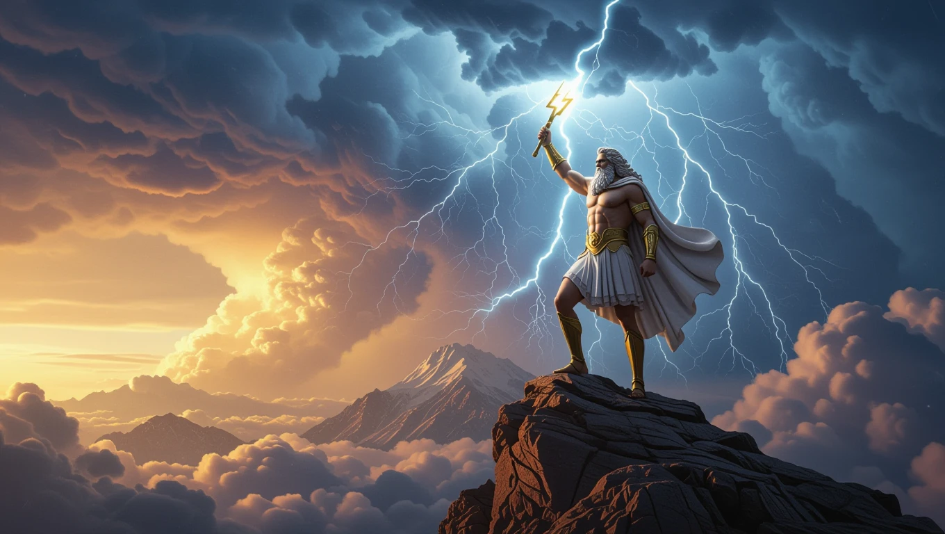 Zeusz, a görög mitológia főistene, villámot tart a kezében egy hegycsúcson.