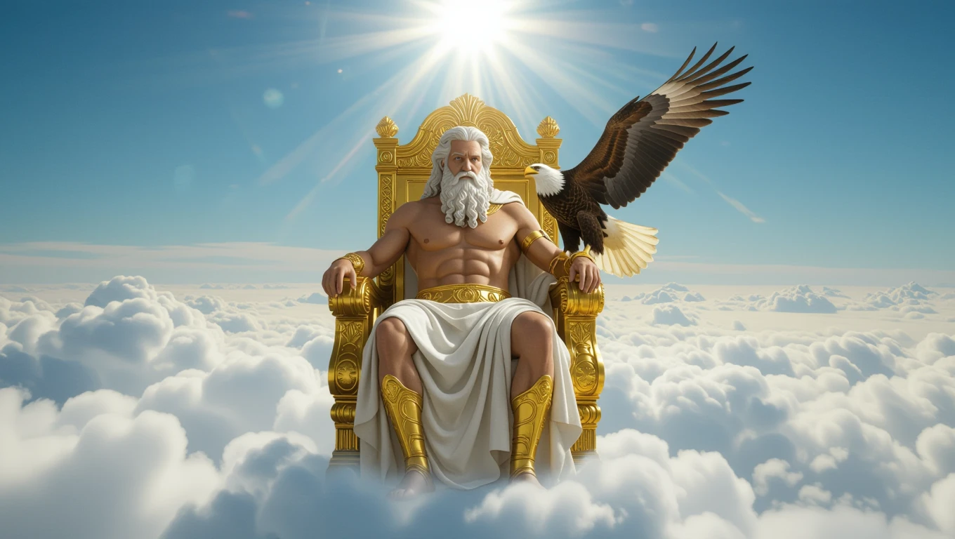 Zeusz, az ókori görög mitológia főistene, arany trónon ülve, felette napfény és felhők.