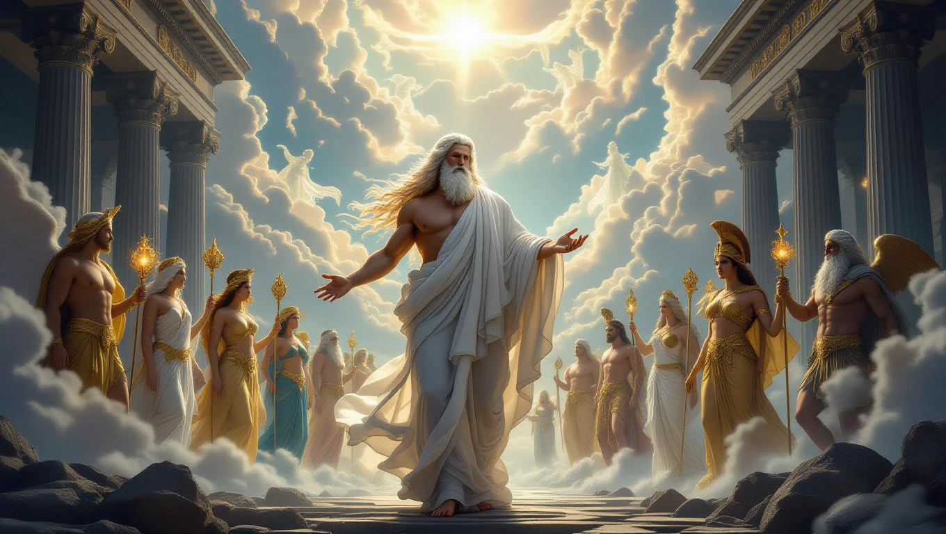 Zeusz, a görög mitológia főistene, az Olümposzon, istenek társaságában.