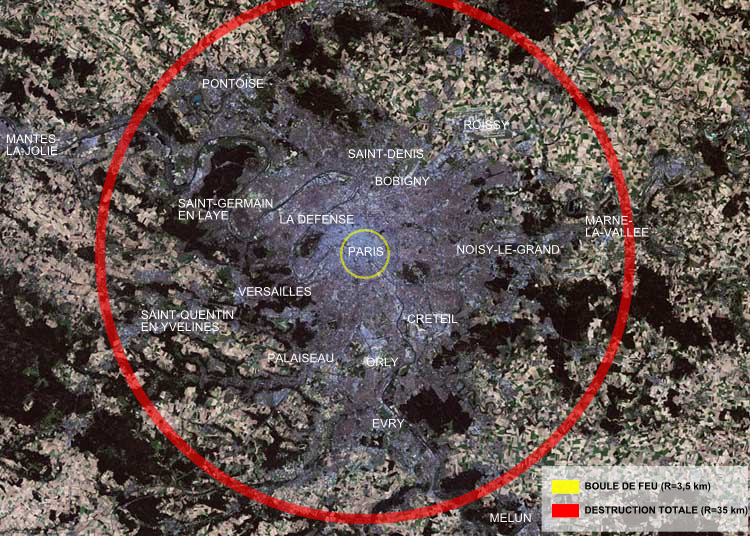A Cár-bomba feltételezett pusztítási zónái Párizs térképére vetítve