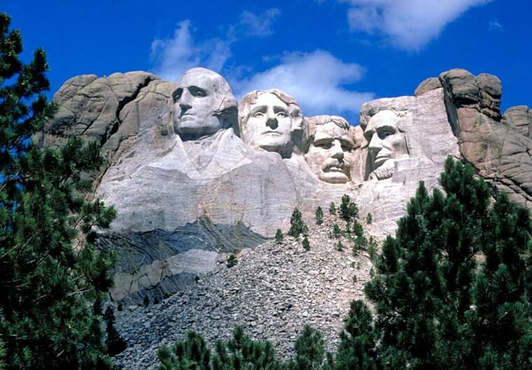 Mount Rushmore, a famous American monument carved into stone.