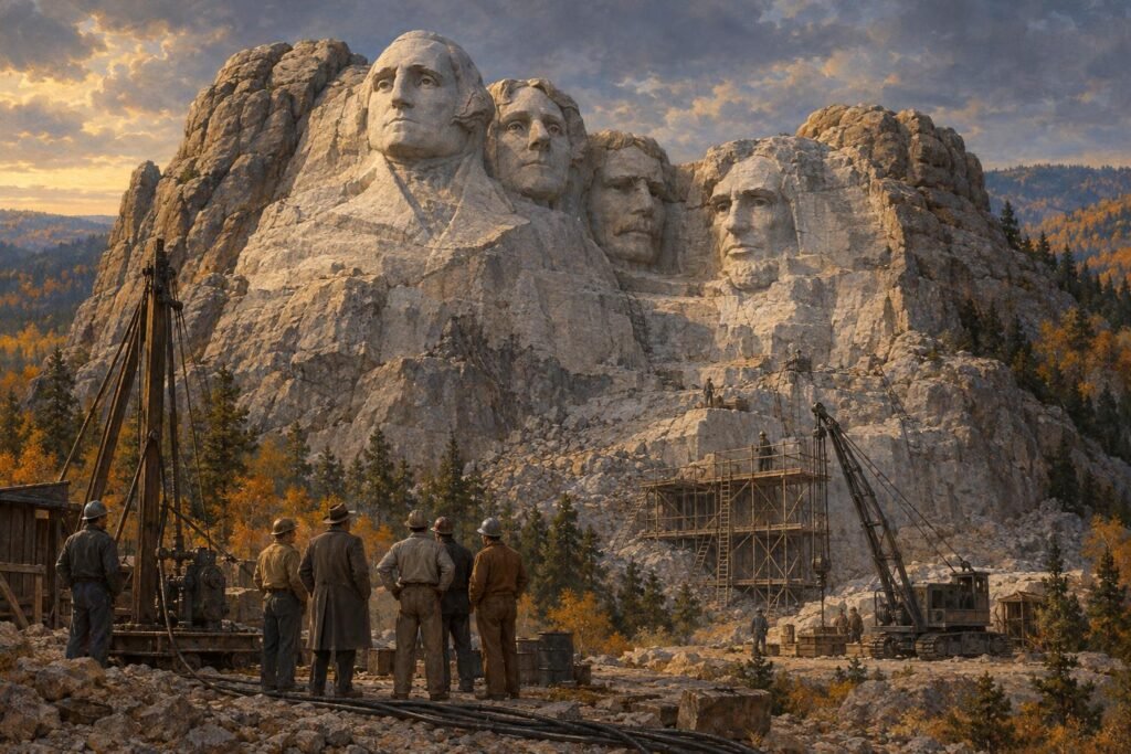 A Mount Rushmore Nemzeti Emlékhely elkészültének hivatalos bejelentése (1941) művészi, AI által generált illusztrációja