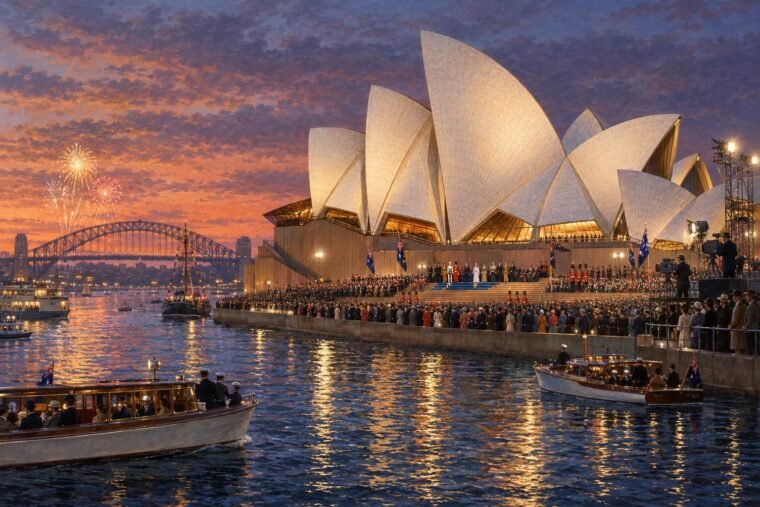 A Sydney-i Operaház megnyitó ünnepsége 1973-ban, tűzijátékkal és tömeggel.