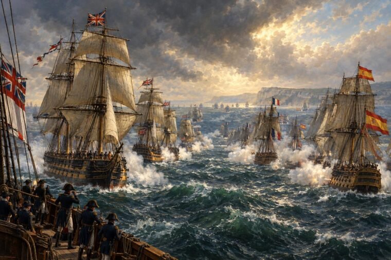 A trafalgari csata látképe brit és francia hajókkal