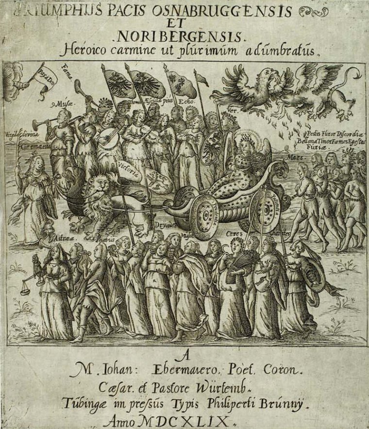 A westfáliai béke aláírását bemutató régi nyomtatvány, 1648-ból.