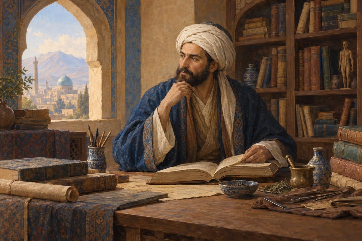 Avicenna, a híres filozófus és orvos, éppen könyvet olvas egy könyvtárban.