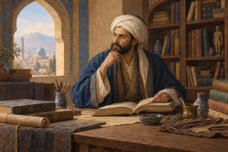 Avicenna, a híres filozófus és orvos, éppen könyvet olvas egy könyvtárban.
