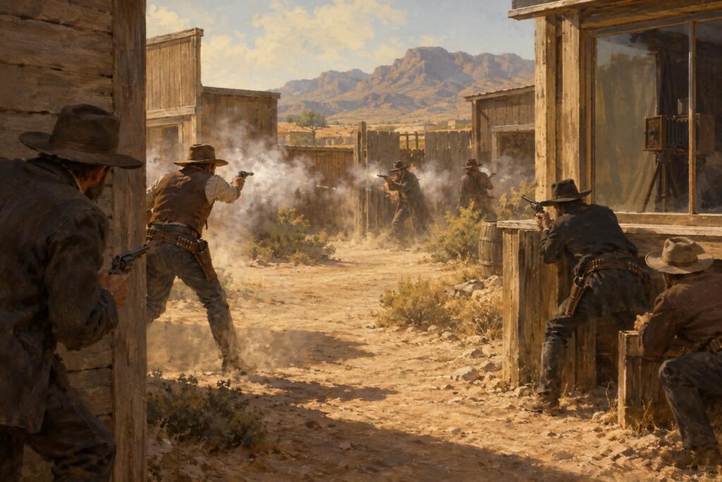 Az O. K. Corral-i lövöldözés (1881) művészi, AI által generált illusztrációja