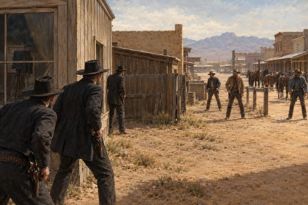 Az O. K. Corral-i lövöldözés (1881) művészi, AI által generált illusztrációja