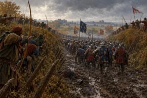 Azincourt-i csata ábrázolása, angol íjászok és lovagok a harcban