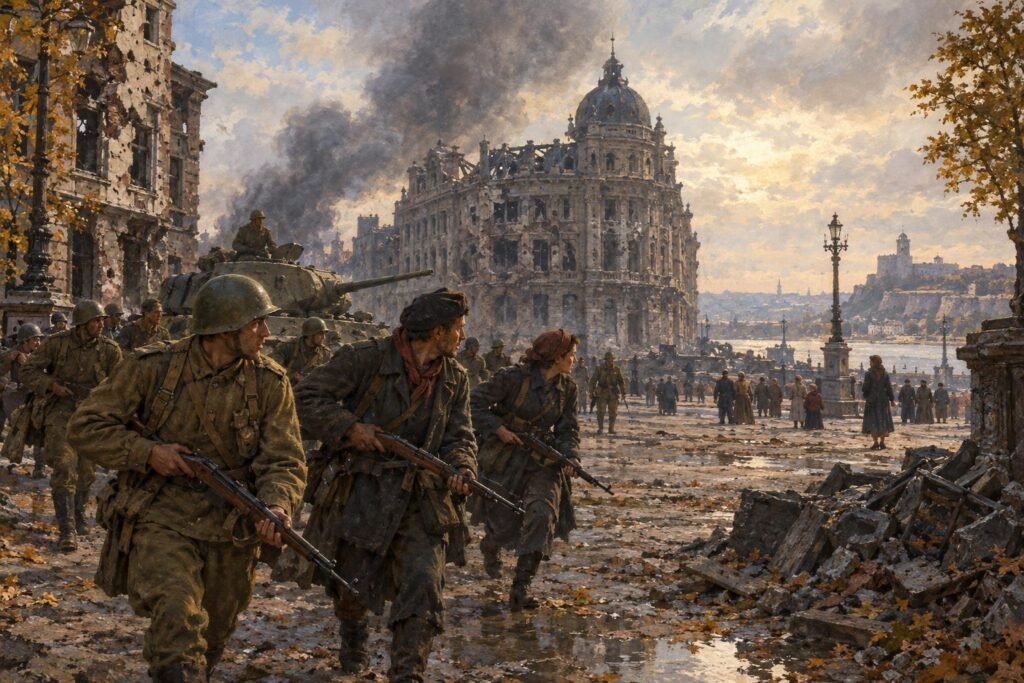 Belgrád felszabadítása a belgrádi offenzíva során (1944) művészi, AI által generált illusztrációja