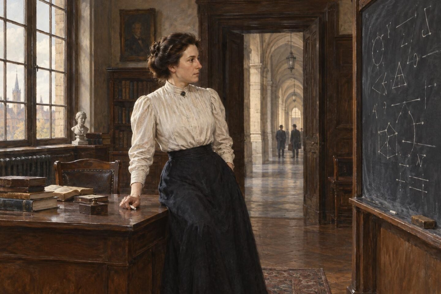Emmy Noether, a modern algebra úttörője egy tanteremben, matematikai képletek mellett.
