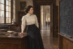 Emmy Noether, a modern algebra úttörője egy tanteremben, matematikai képletek mellett.