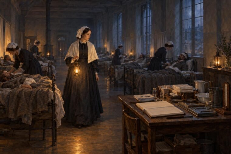 Florence Nightingale a krími háborús kórházi ápolás közepette, lámpással.