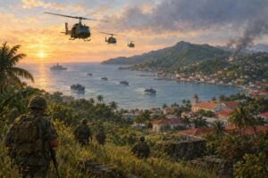Katonai művelet Grenada partjainál, helikopterek és hajók a háttérben