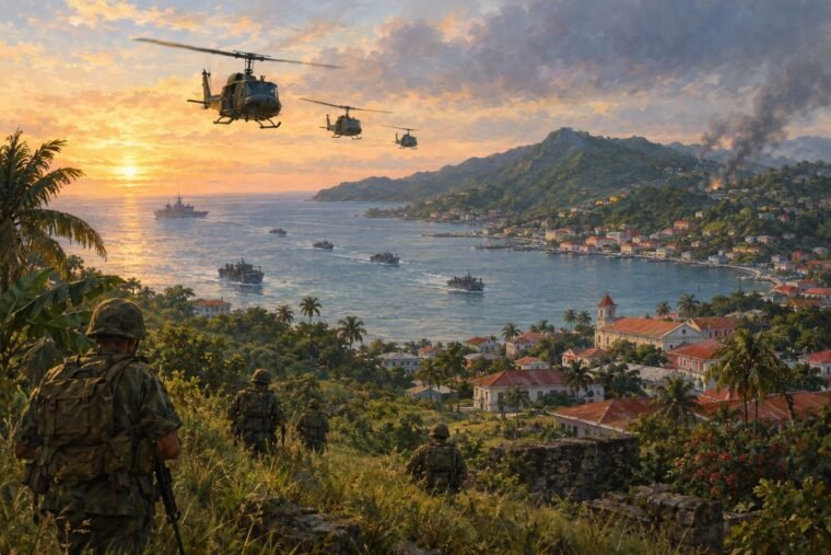 Katonai művelet Grenada partjainál, helikopterek és hajók a háttérben
