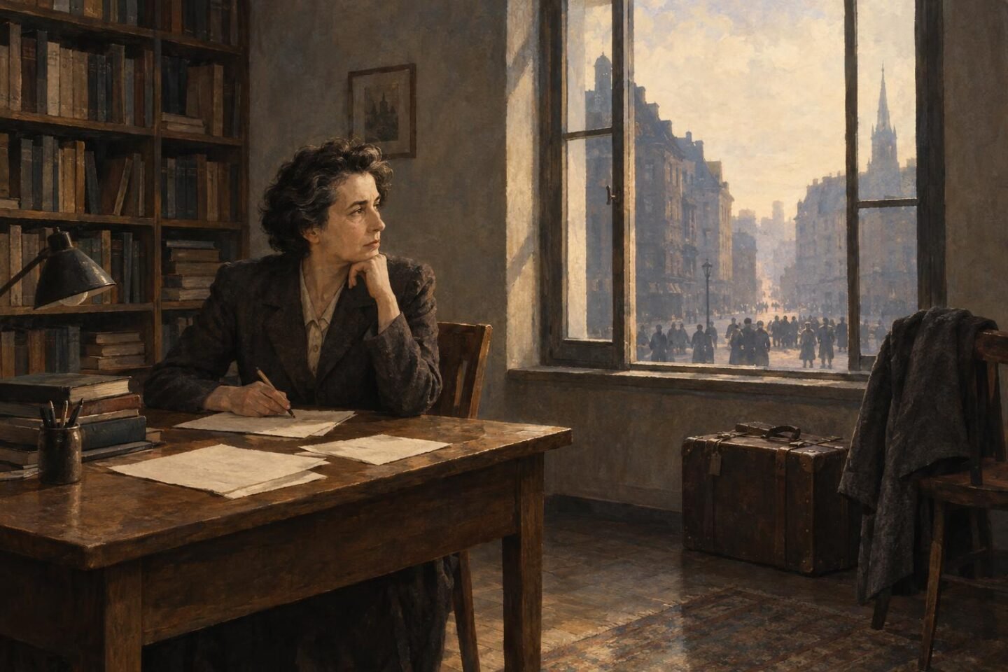 Hannah Arendt író és filozófus egy íróasztalnál, könyvek között, elgondolkodva.