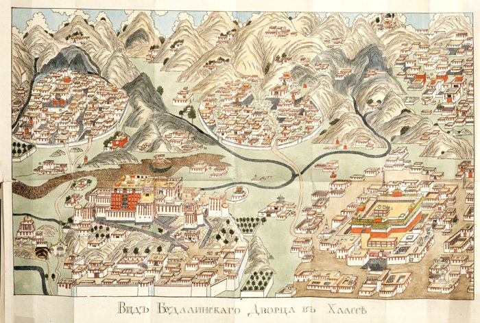 Tibeti város tájkép és épületek illusztrációja Kőrösi Csoma Sándor nyomán.