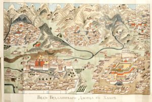 Tibeti város tájkép és épületek illusztrációja Kőrösi Csoma Sándor nyomán.