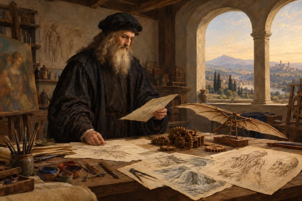 Leonardo da Vinci művészi, AI által generált illusztrációja