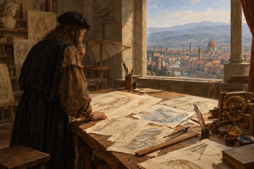 Leonardo da Vinci művészi, AI által generált illusztrációja