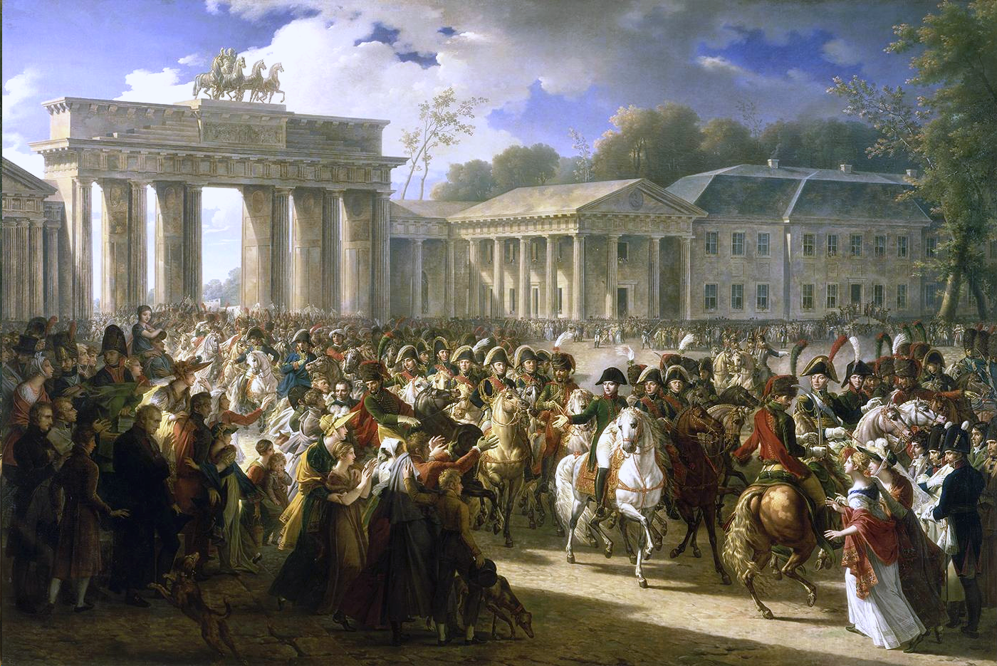Napóleon bevonulása Berlinbe 1806 októberében, tömeg és díszes katonai egységek jelenetében.