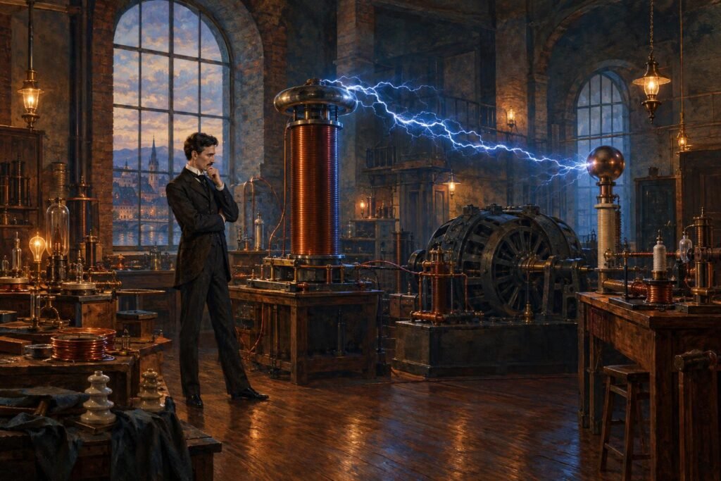 Nikola Tesla művészi, AI által generált illusztrációja