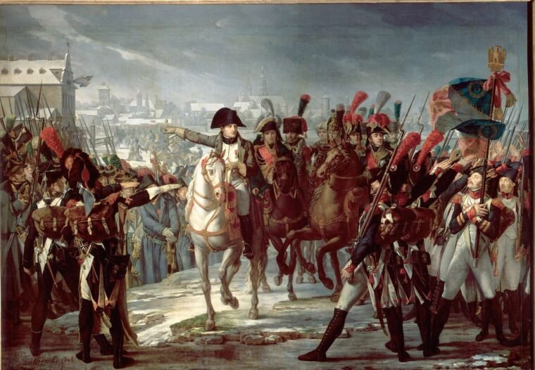 Napoleon a fegyverletételt ünneplő osztrák katonák között Ulmnál